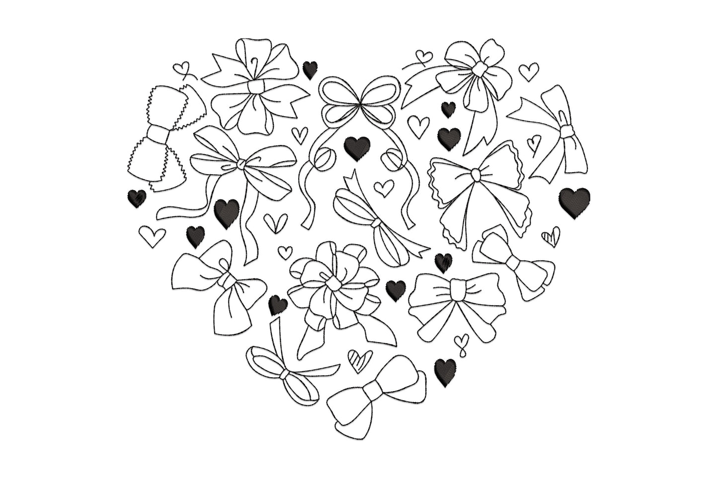 Bow ribbon heart embroidery, heart silhouette built from many outline ribbon bows with solid hearts scattered between.