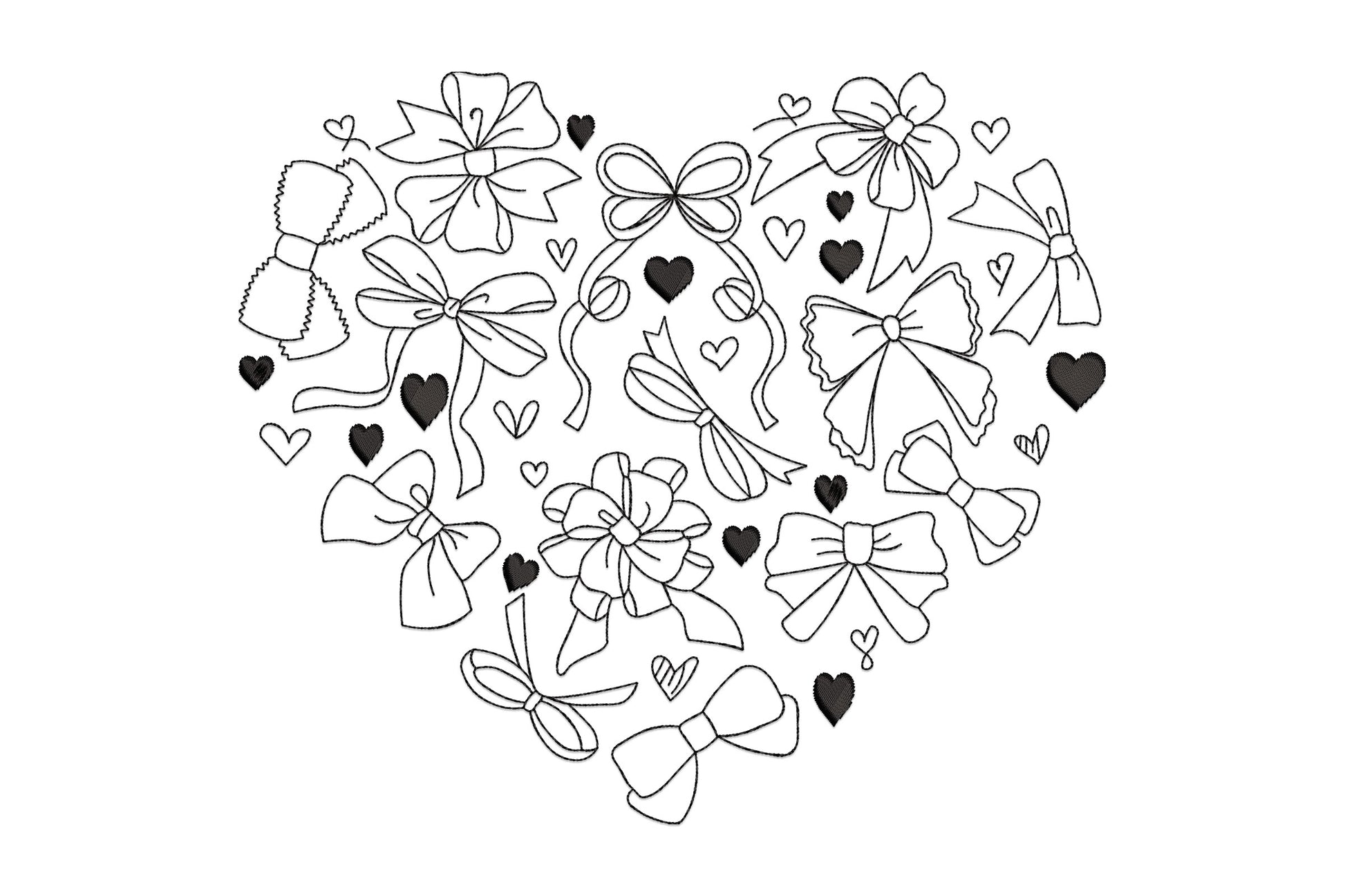 Bow ribbon heart embroidery, heart silhouette built from many outline ribbon bows with solid hearts scattered between.