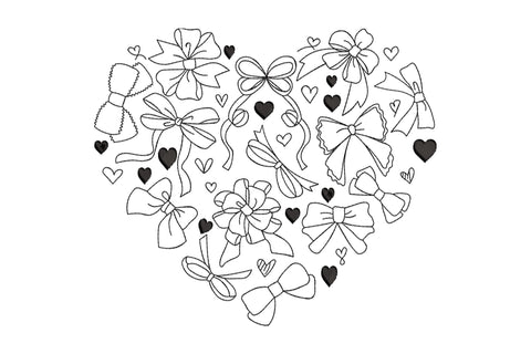 Bow ribbon heart embroidery, heart silhouette built from many outline ribbon bows with solid hearts scattered between.
