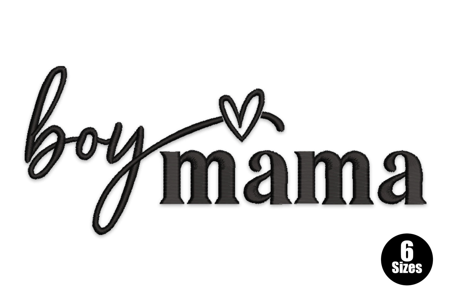Boy mama embroidery with italic script above chunky black block letters joined by a looping swash and small heart.