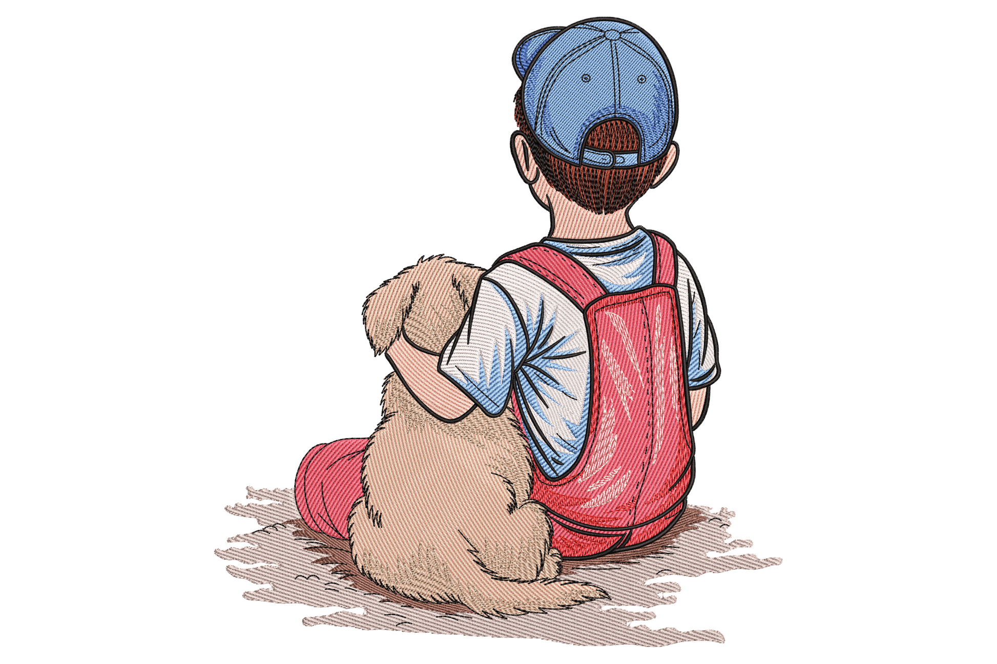 Boy and dog friendship silhouette embroidery design, single chocolate brown thread, two figures walking side by side
