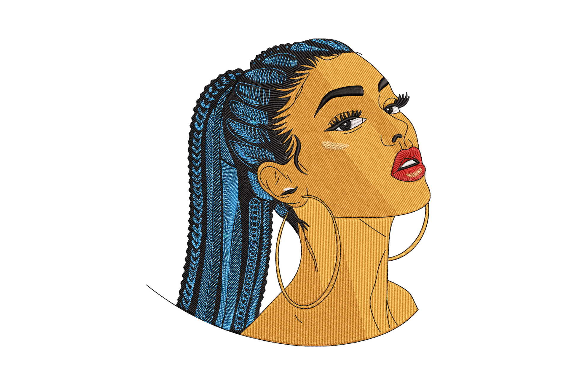 Braided beauty portrait embroidery design showing a woman in three-quarter view with blue cornrow box braids, red lips and a gold hoop earring, dense filled portrait style.