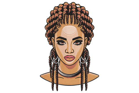 Braided woman portrait embroidery design, Black woman with auburn box braids, silver hoop earrings, editorial style.