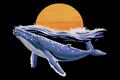 Machine embroidery breaching whale design showing a large whale arching out of water at an angle, nine colour zones in navy blue teal and white, satin and fill stitches, marine life style.