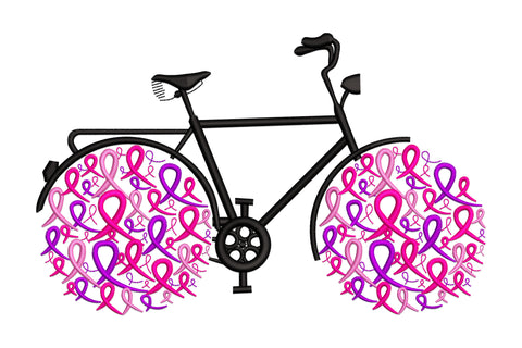 Breast cancer awareness bicycle embroidery design with both wheels formed from pink and purple awareness ribbons and clean black bicycle frame outline, 4 colours