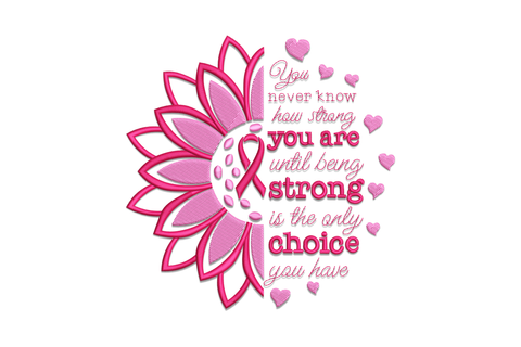 Breast cancer awareness embroidery with half magenta sunflower, pink ribbon centre, handwritten quote and scattered pink hearts.