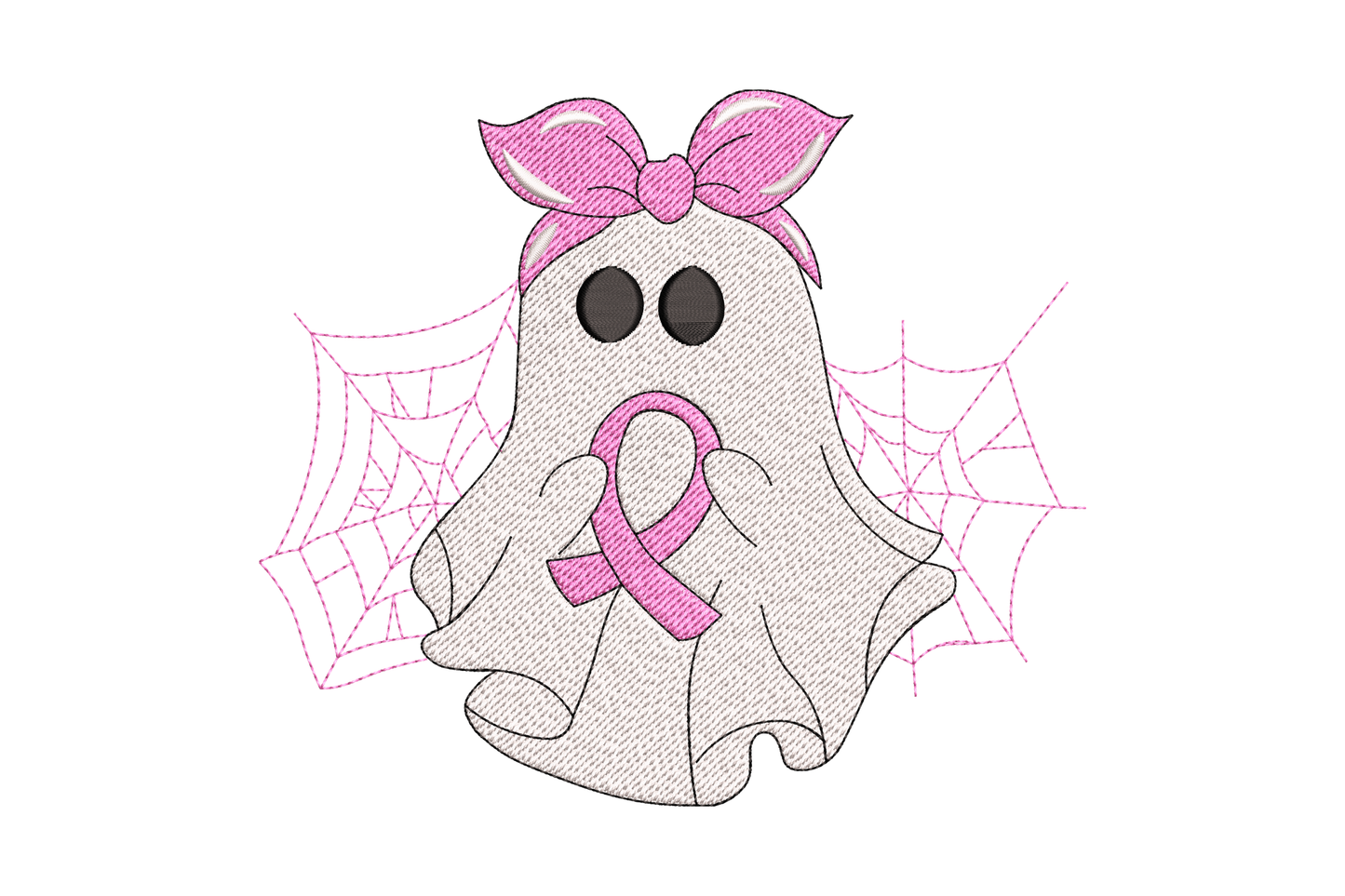 Cute halloween ghost in white with pink bow and pink awareness ribbon on chest, light web background.