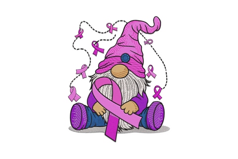 Breast cancer awareness gnome embroidery with pink hat, fluffy beard, and pink ribbon in eleven-colour fill