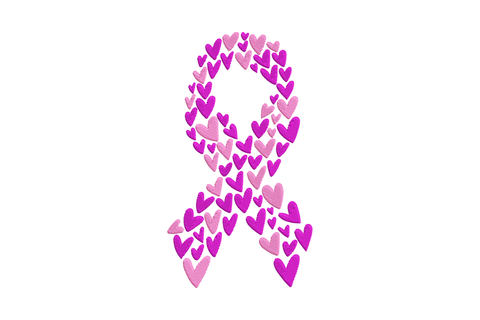 Pink awareness ribbon embroidery made of alternating soft pink and magenta hearts in a mosaic ribbon shape.