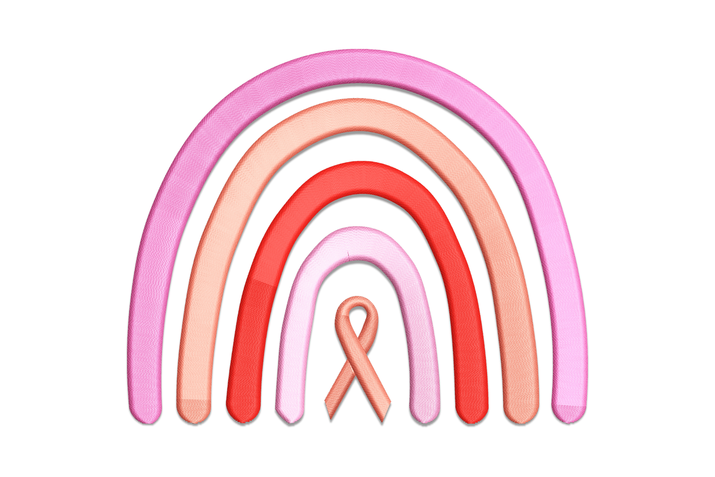 Breast cancer awareness rainbow embroidery, four satin arcs in pink, salmon, red and lilac, small awareness ribbon at base.
