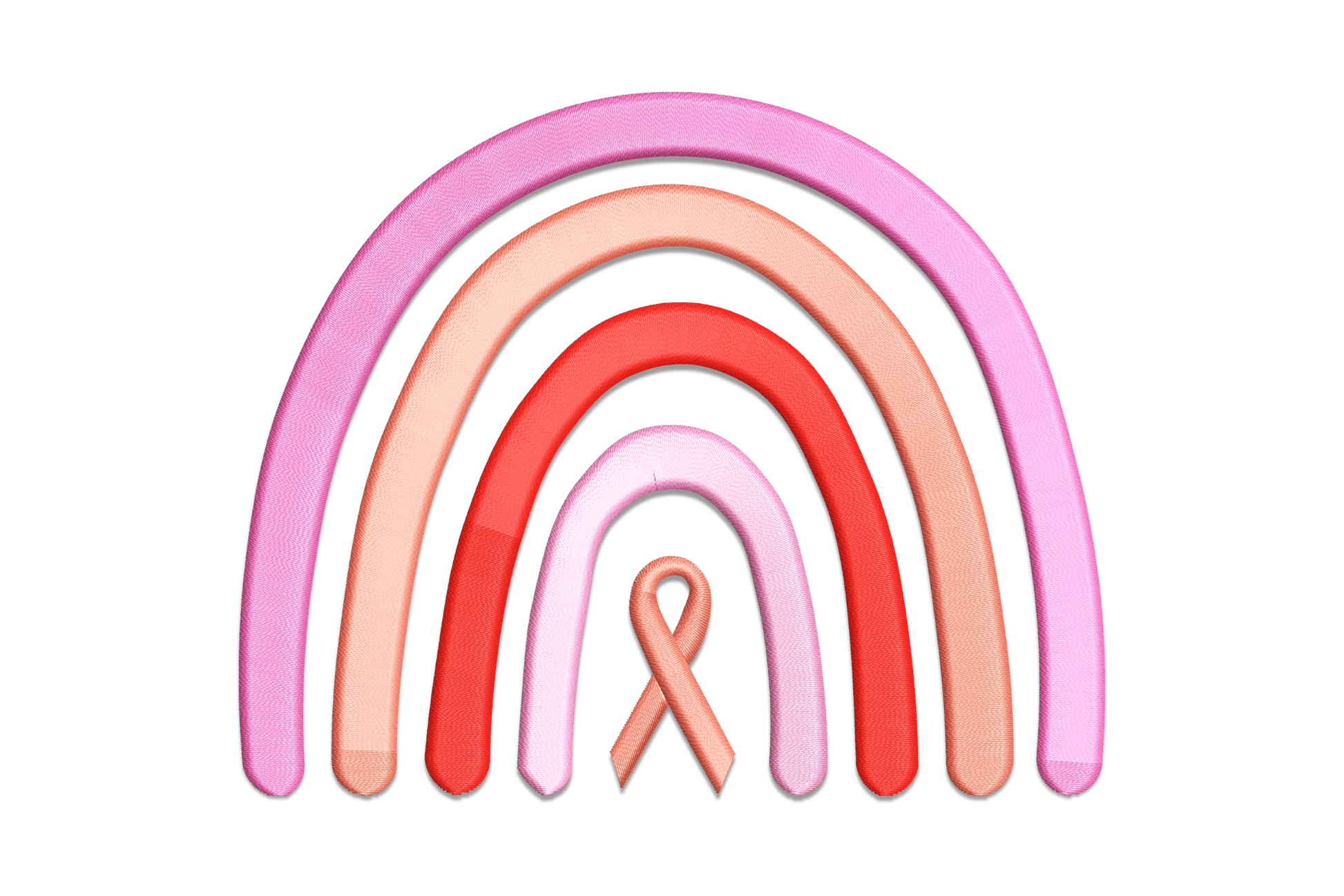 Breast cancer awareness rainbow embroidery, four satin arcs in pink, salmon, red and lilac, small awareness ribbon at base.