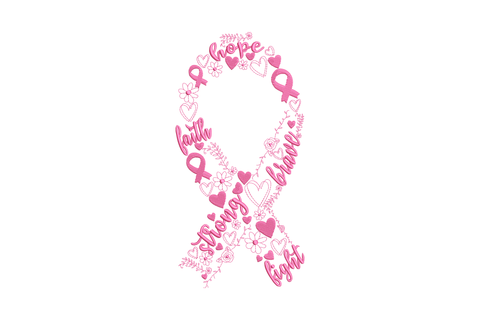 Breast cancer awareness ribbon word art embroidery design, pink ribbon formed from text on white cotton tee.