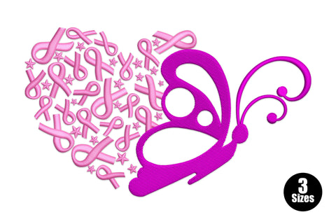 Breast cancer awareness split heart embroidery in pink ribbons and dark magenta butterfly outline