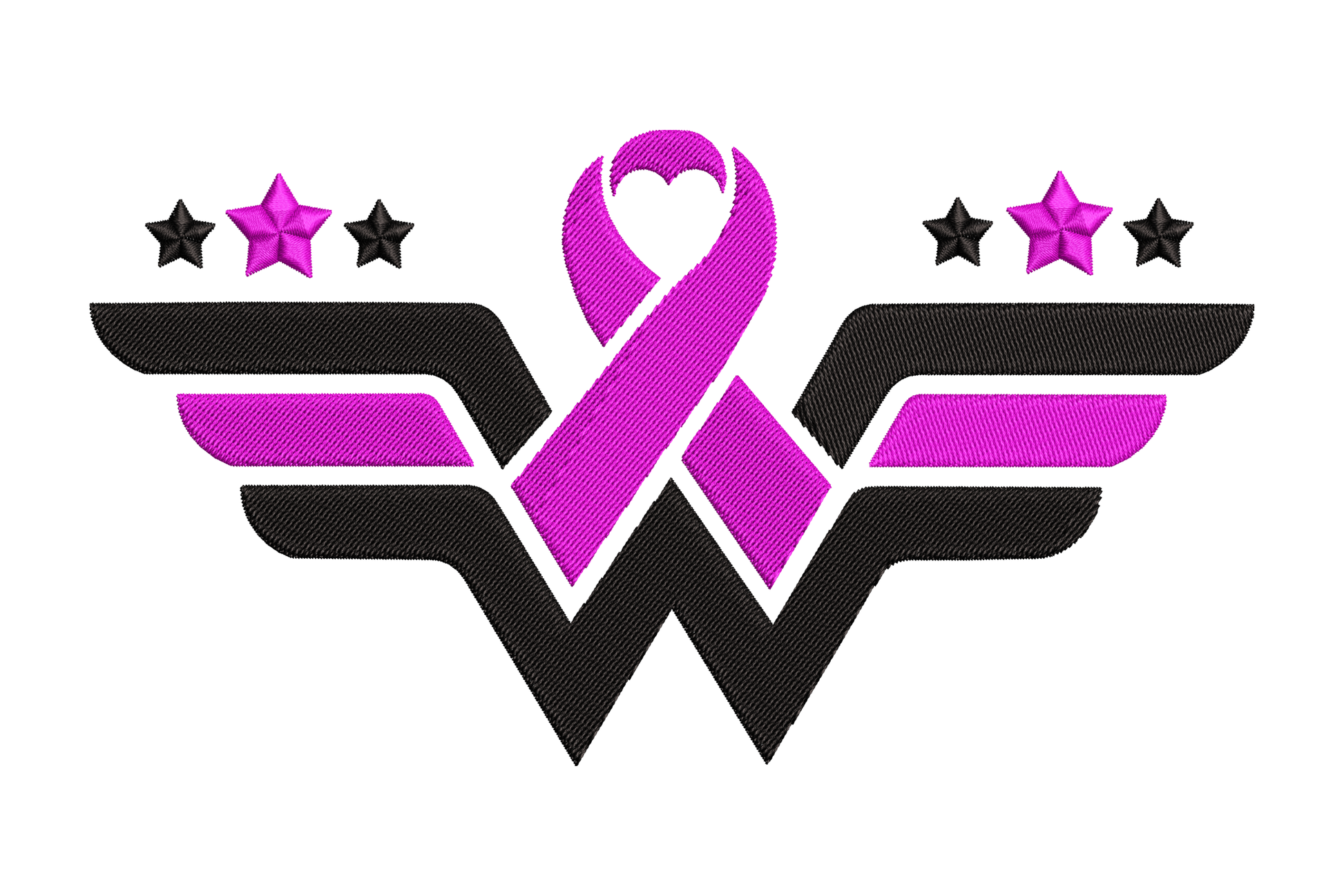 Magenta awareness ribbon rising through black eagle wings with four small stars above, a wonder woman style warrior emblem.