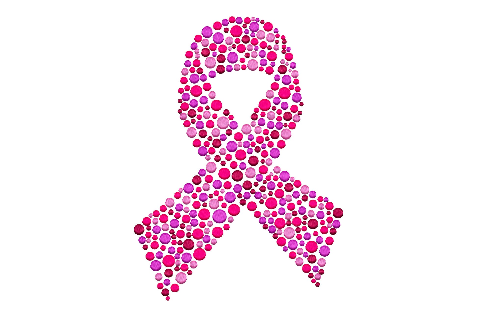 Breast cancer awareness ribbon embroidery design with polka dot fill pattern in pink and rose tones, 4 sizes up to 7.51 inches