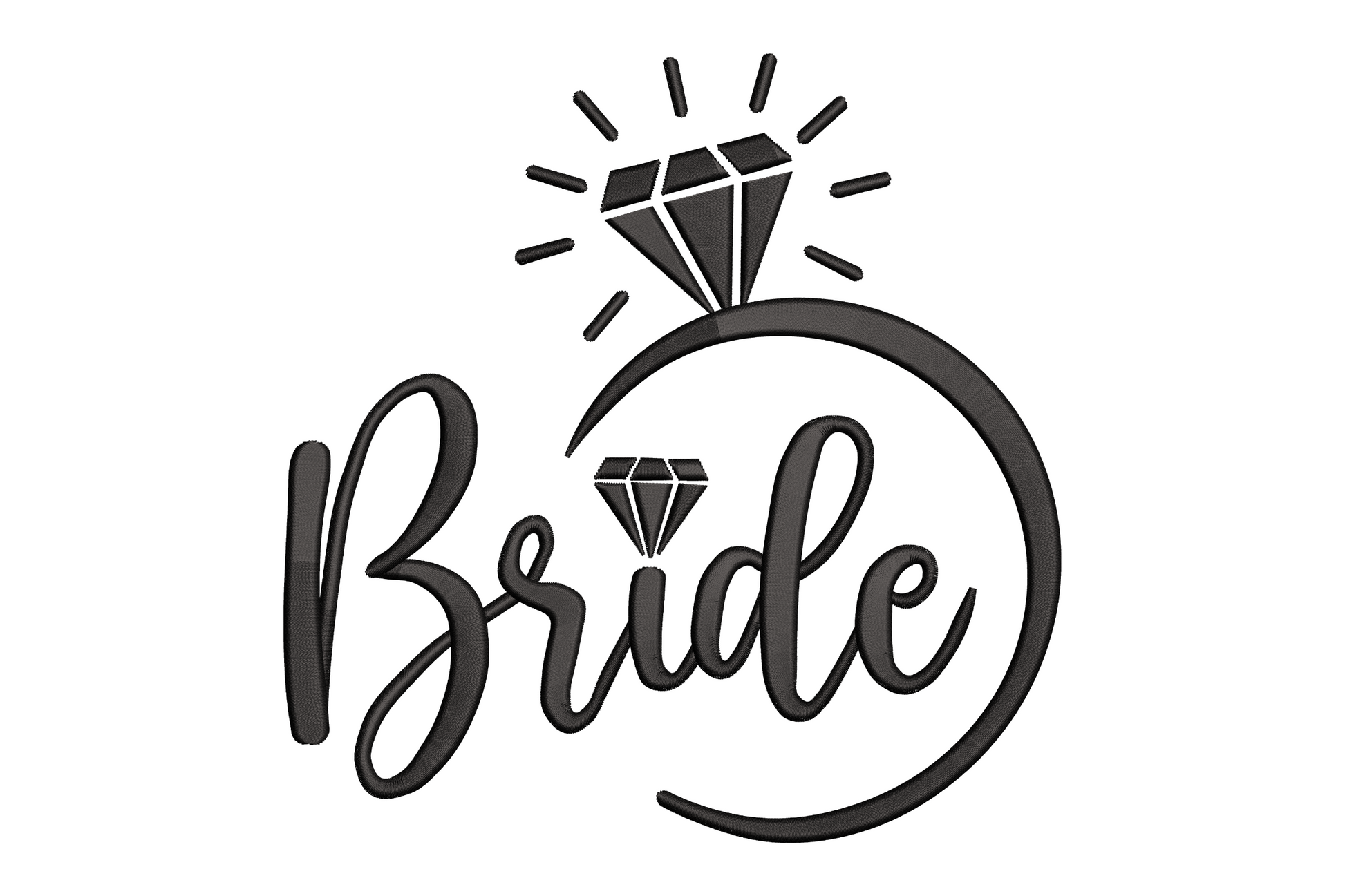 Bride diamond ring embroidery design with bold Bride lettering enclosed in a circular ring frame topped with a geometric faceted diamond, in single black thread
