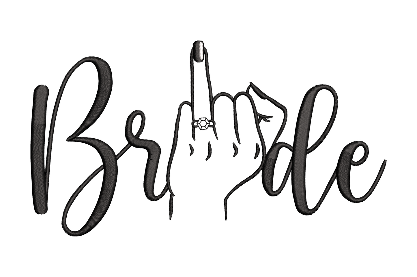 Bride hand lettering embroidery design in bold brush-script calligraphy with a ring hand illustration replacing the letter i dot