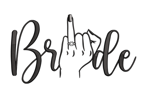Bride hand lettering embroidery design in bold brush-script calligraphy with a ring hand illustration replacing the letter i dot