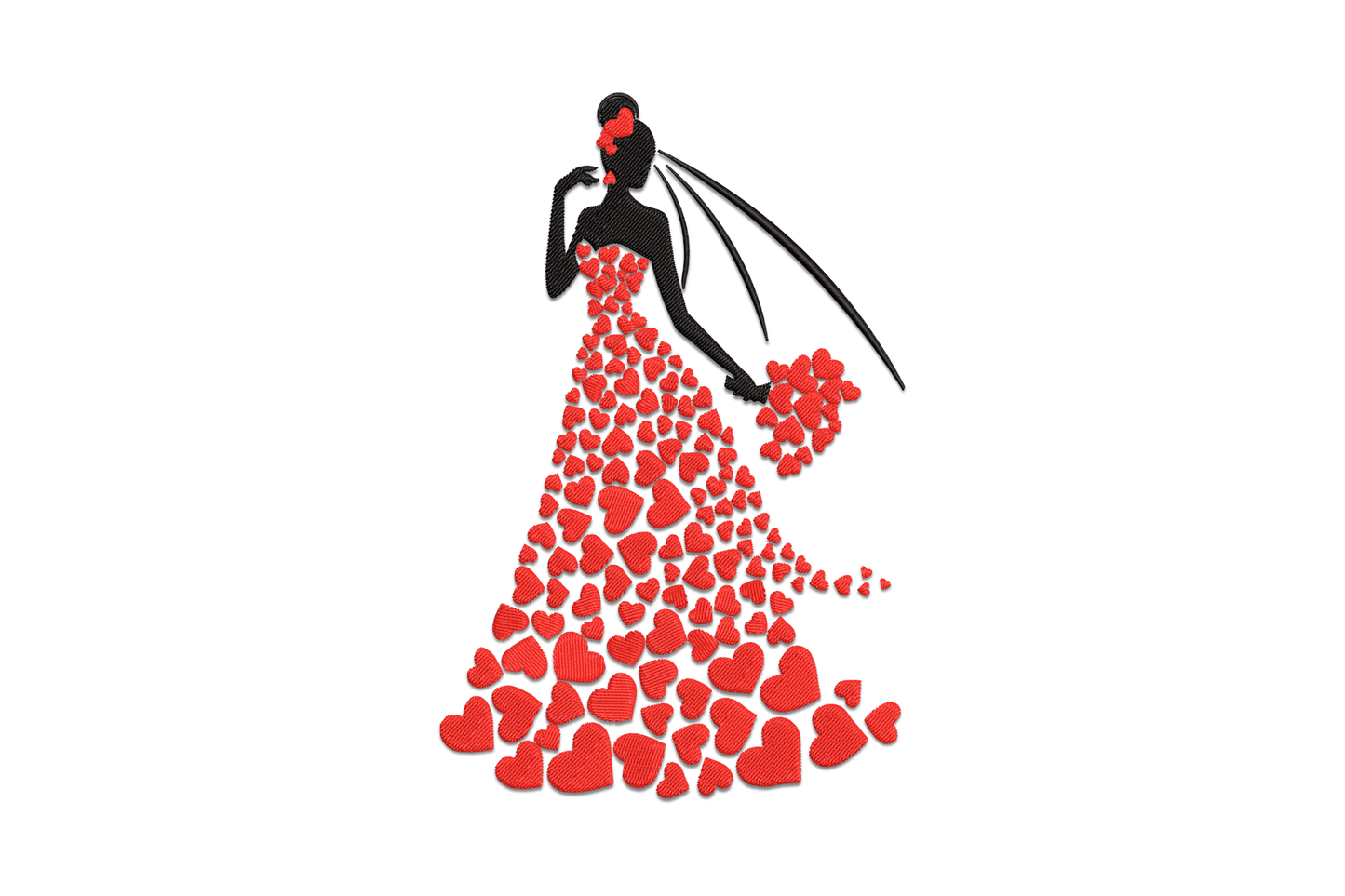Bride valentine heart dress embroidery, elegant black bride silhouette with trailing veil and full gown made of packed overlapping red hearts cascading to the floor