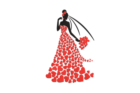 Bride valentine heart dress embroidery, elegant black bride silhouette with trailing veil and full gown made of packed overlapping red hearts cascading to the floor