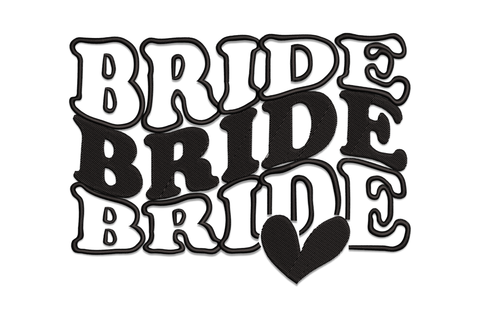 Bride word art embroidery design with the word BRIDE stacked three times in groovy bubble lettering, alternating filled and outline rows, small filled heart at bottom right.