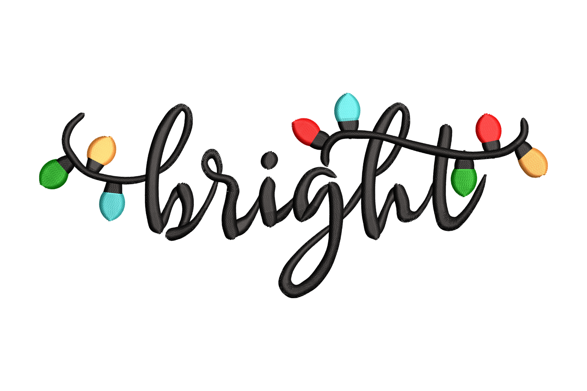 Christmas script with string lights embroidery design, flowing bold cursive with dangling light bulbs in red yellow green blue, 5 colour threads