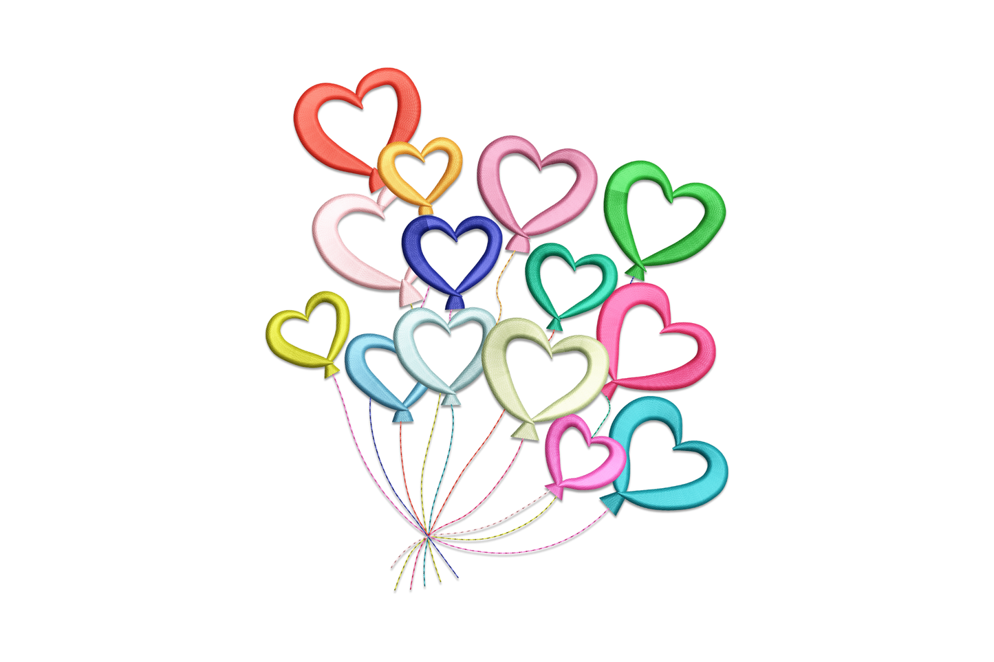 Colorful heart balloon cluster embroidery design with 14 vivid colours, satin fills, highlight ovals and ribbon ties, for valentines day shirts and gifts