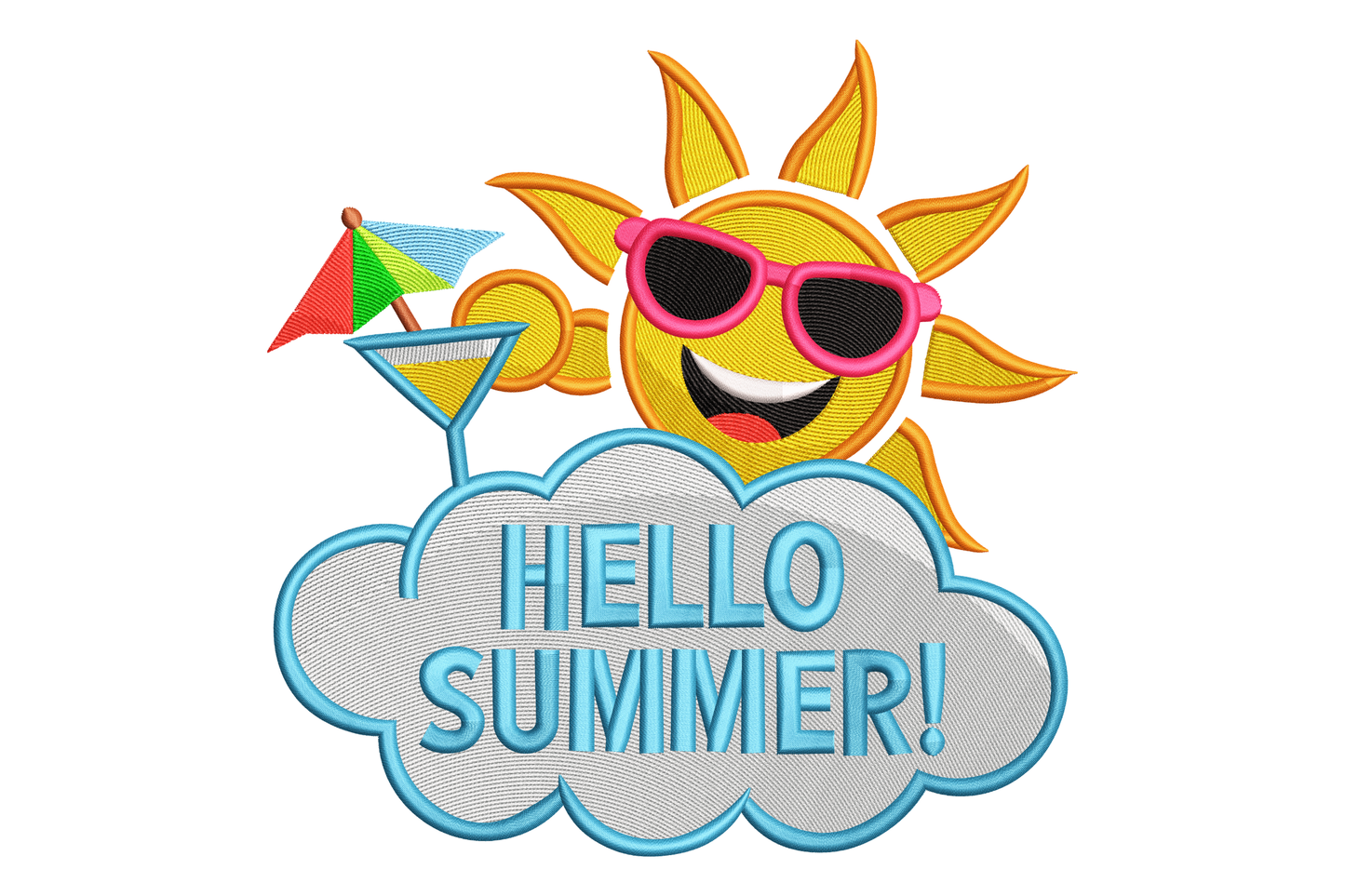 Sun with sunglasses and a cocktail, accompanied by 'Hello Summer!' text on a white background
