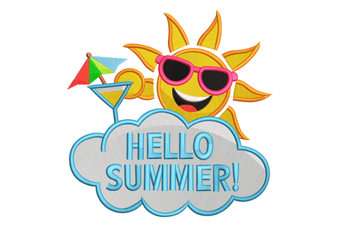 Sun with sunglasses and a cocktail, accompanied by 'Hello Summer!' text on a white background