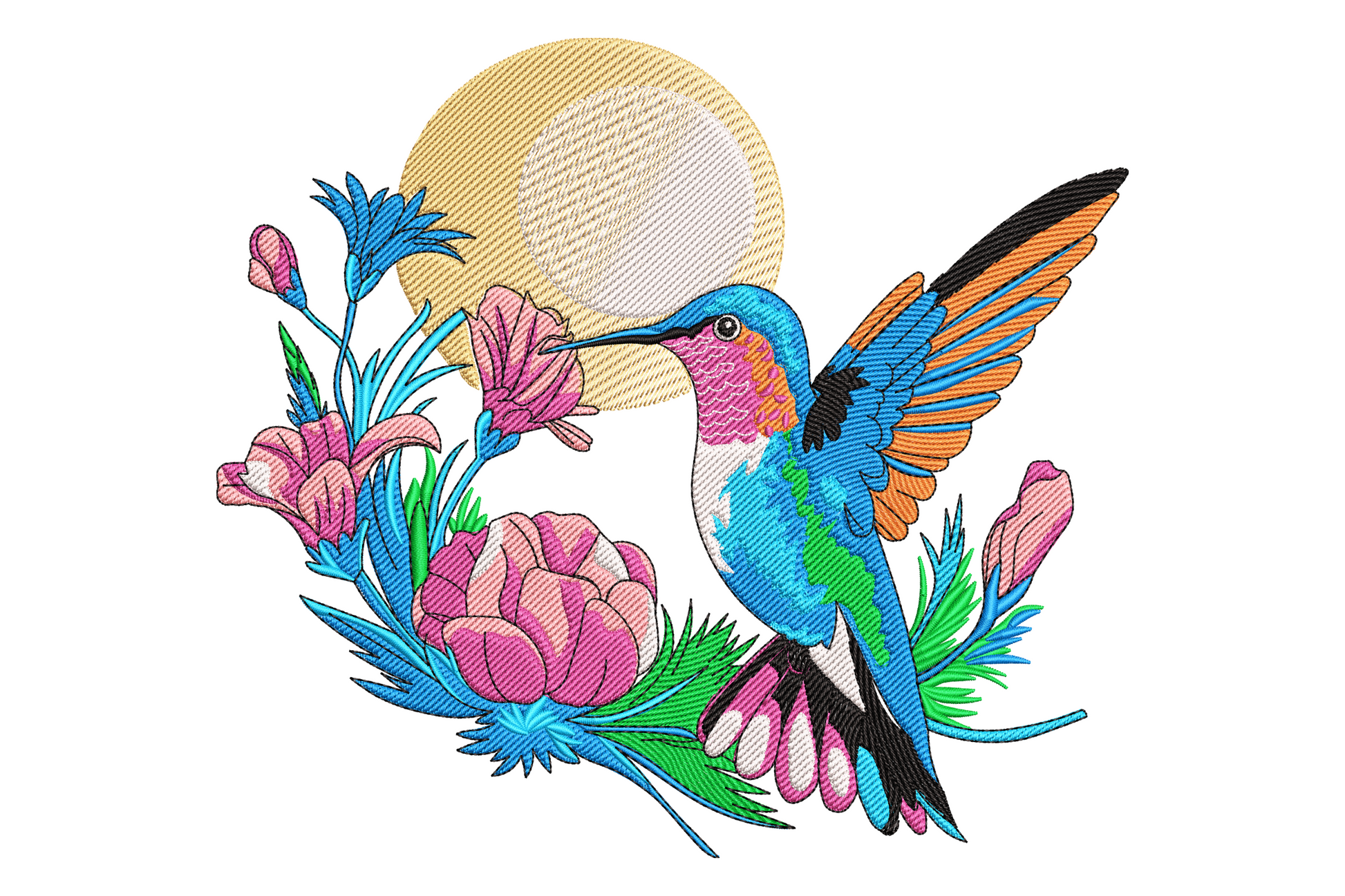 Bright hummingbird embroidery with blue and orange bird hovering beside pink peonies and a golden sun disc, botanical style.