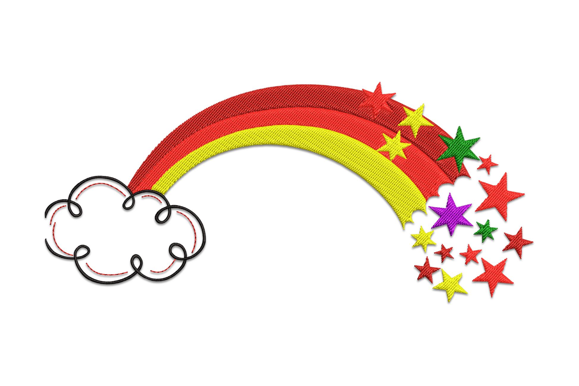 Bright rainbow embroidery design with six colour satin arc bands in red orange yellow green blue violet on white background