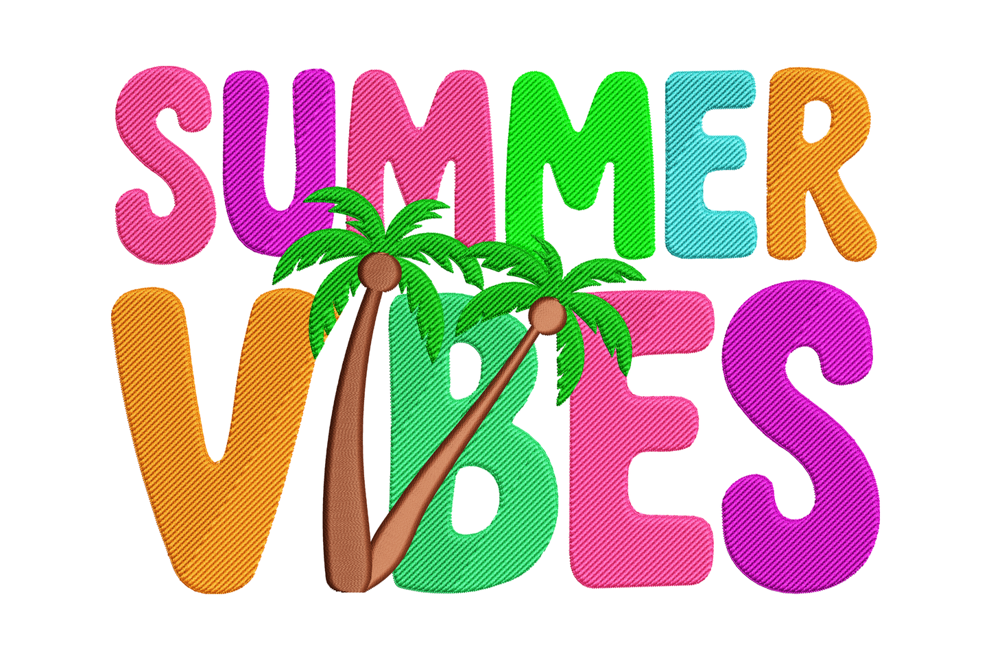 Colorful 'Summer Vibes' text with palm trees embroidery design
