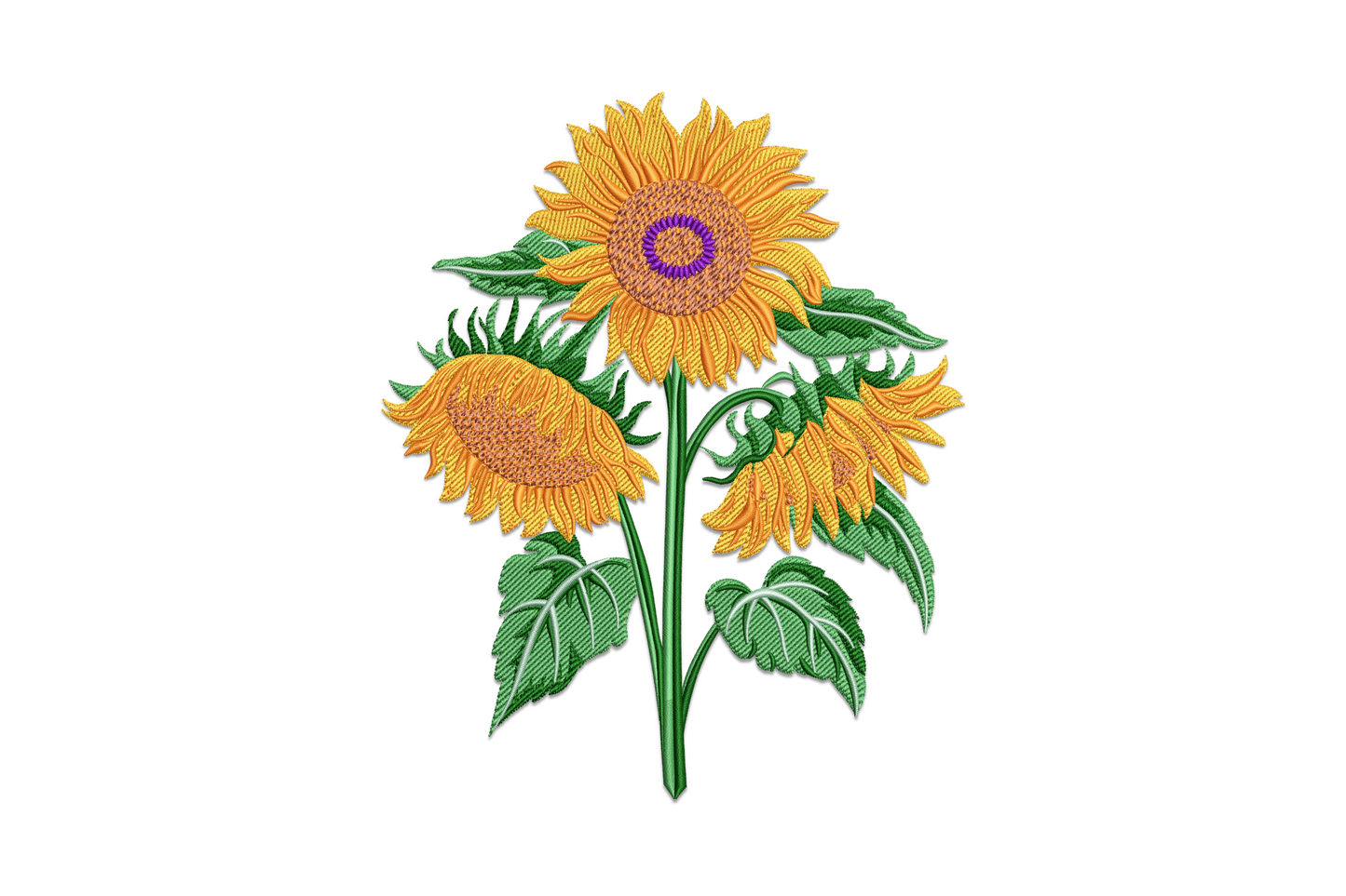 Bright sunflower machine embroidery design, full bloom face-on with layered golden petals and textured brown centre, 7 thread colours