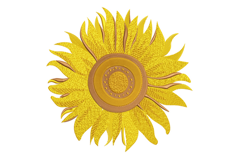 Bright sunflower embroidery design with sunshine yellow layered petals and textured brown centre disc, dense realistic botanical stitch work.