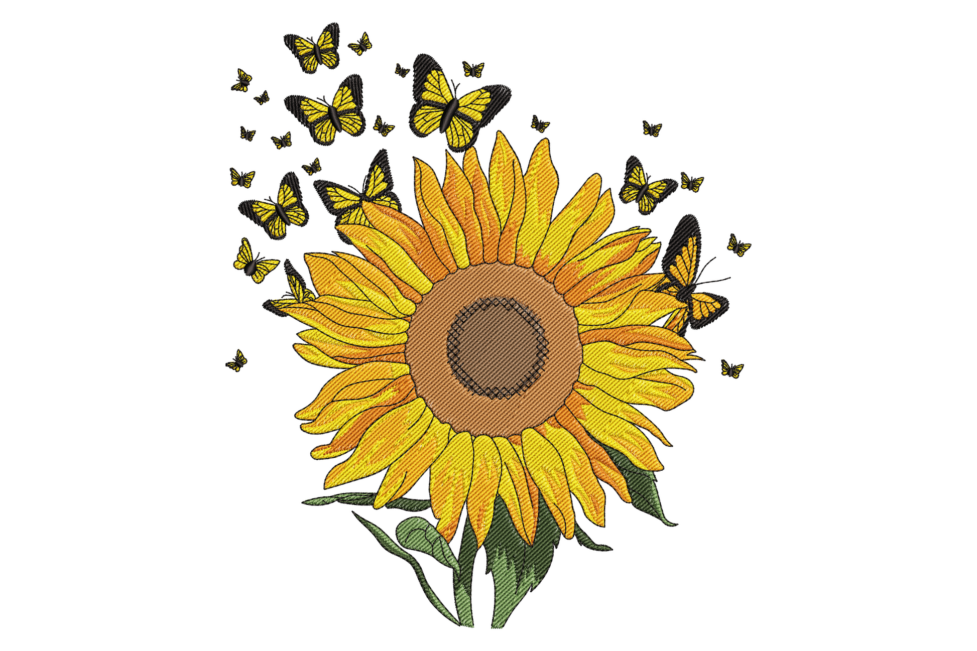 Bright sunflower with butterflies embroidery design, full golden sunflower with three butterflies in botanical illustration style.