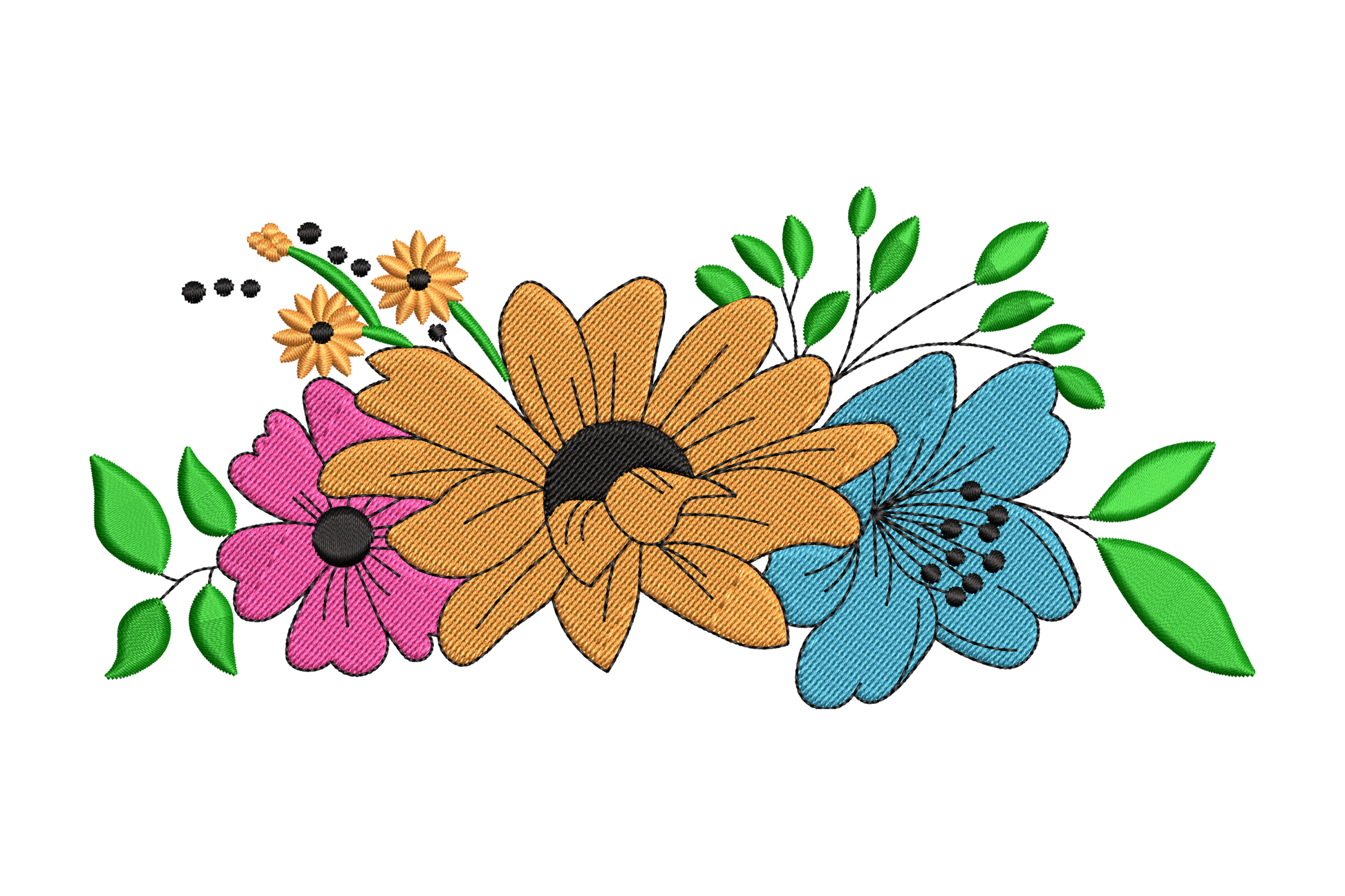 Bright wildflower bouquet embroidery with orange daisy, blue and hot pink blooms, green leaves and black centres on white.