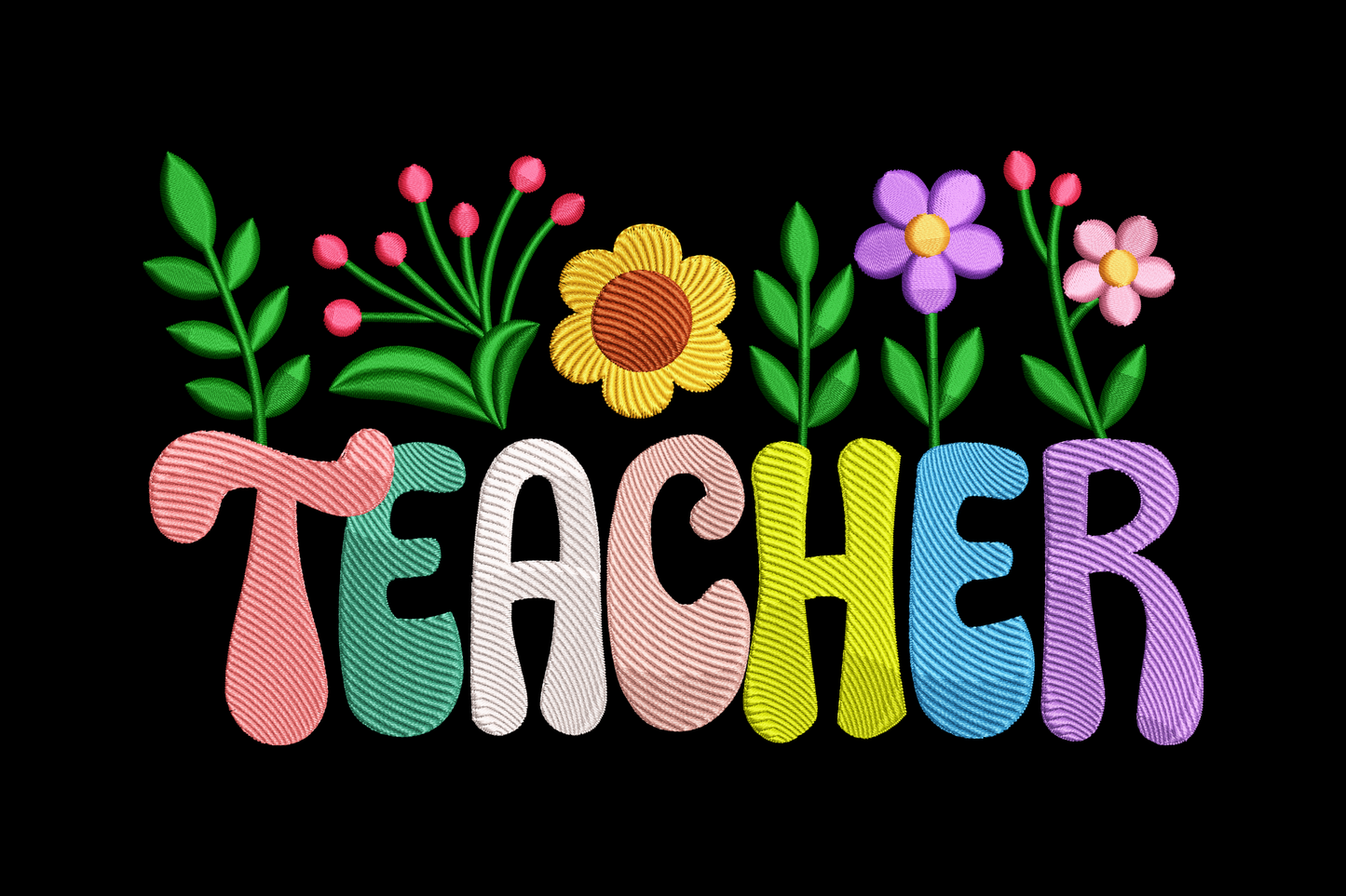 Embroidered text 'TEACHER' with colorful flowers on a black background