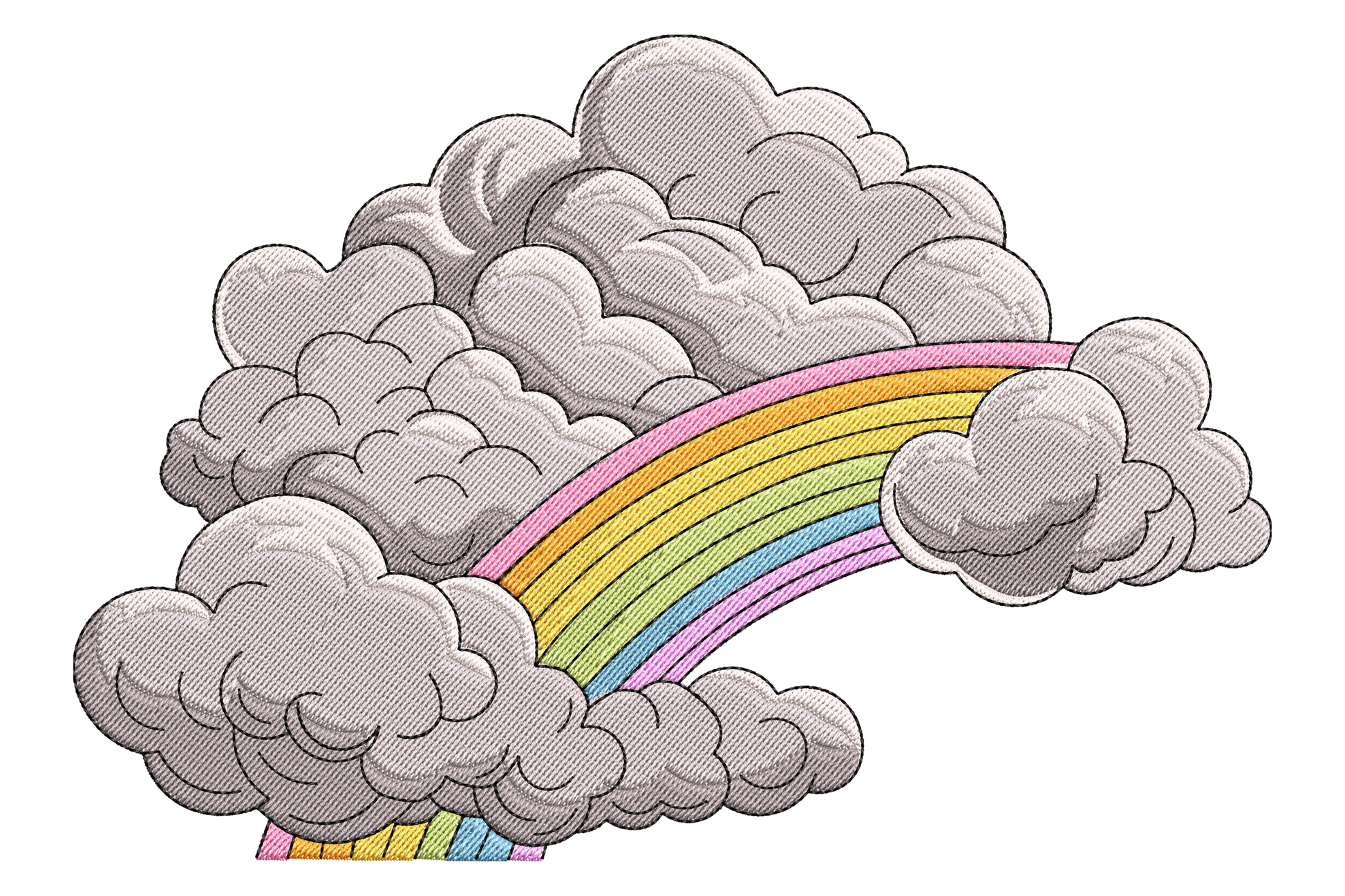 Machine embroidery design, puffy grey clouds with bright seven-stripe rainbow arcing through, ten colors, kids nursery art