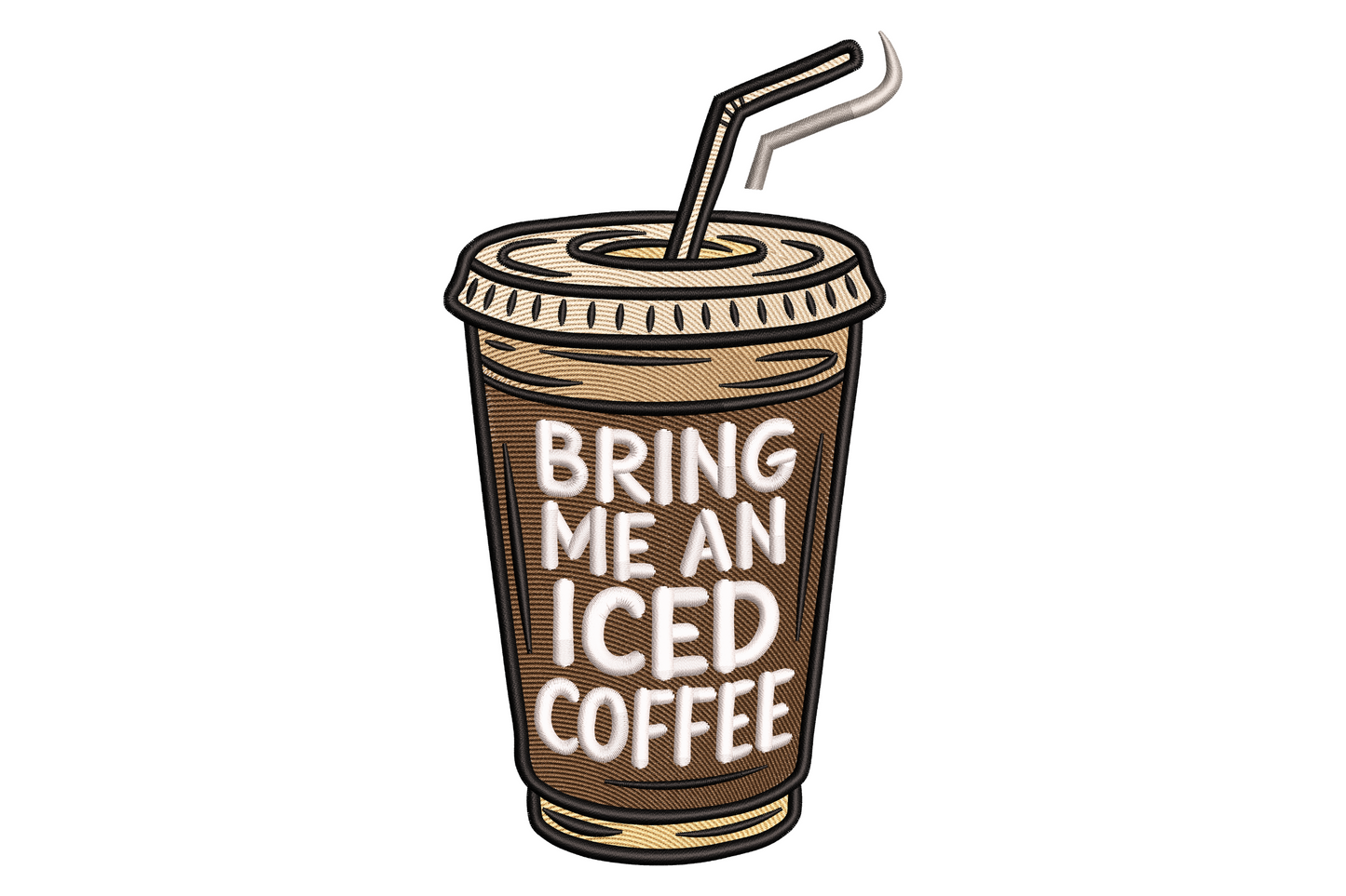 Iced coffee takeaway cup embroidery with Bring Me An Iced Coffee lettering in white across a caramel beige cup with bent straw