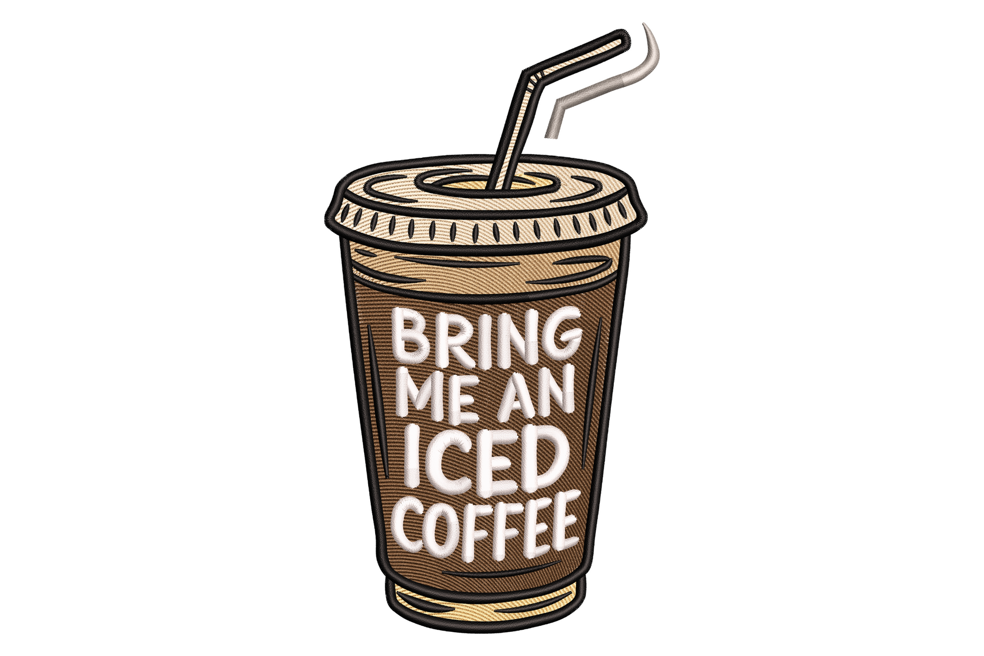 Iced coffee takeaway cup embroidery with Bring Me An Iced Coffee lettering in white across a caramel beige cup with bent straw