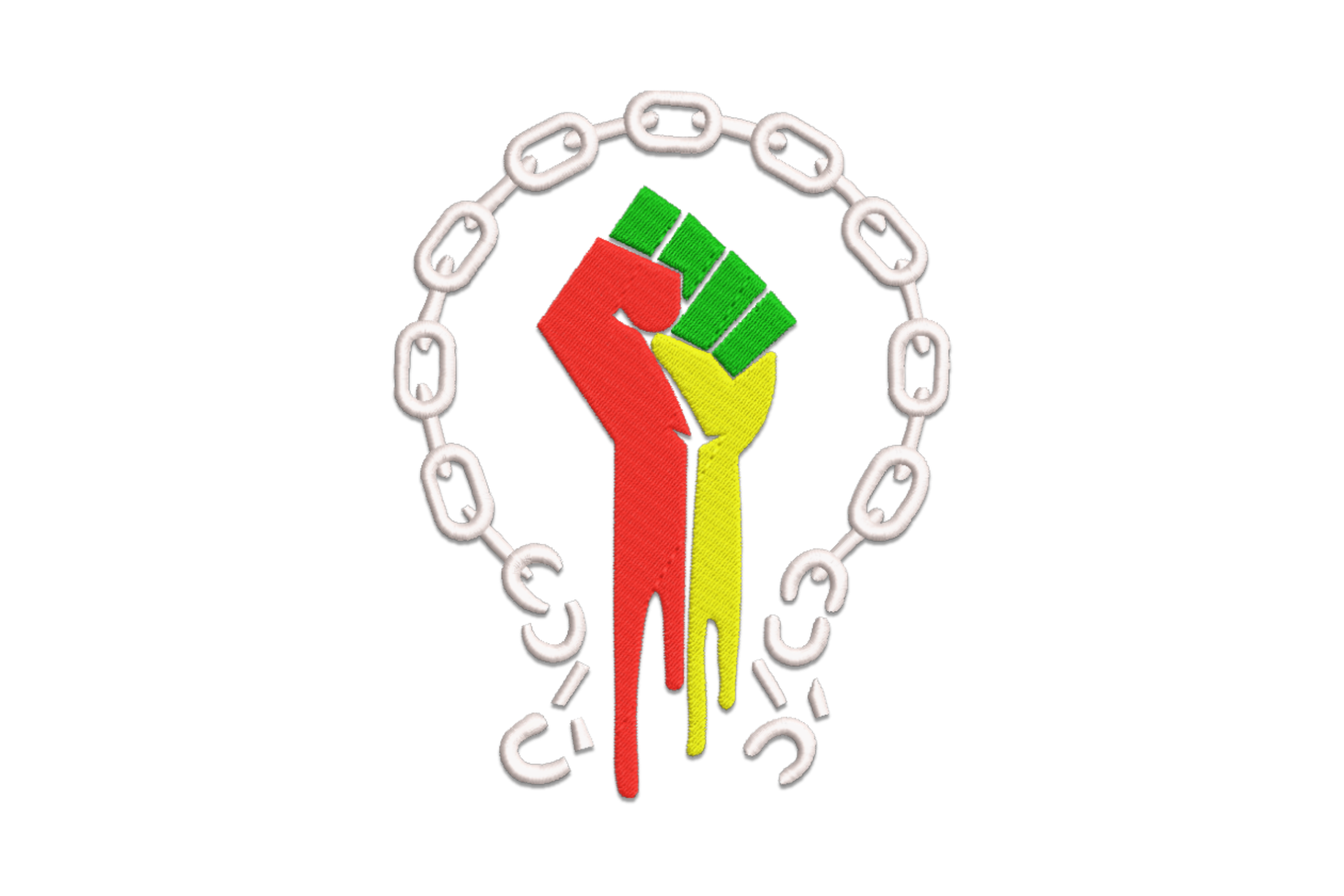 Broken chains black power raised fist embroidery design in red, dark green, and yellow with surrounding broken chain border.