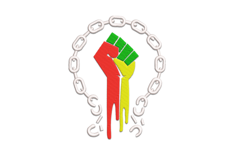 Broken chains black power raised fist embroidery design in red, dark green, and yellow with surrounding broken chain border.
