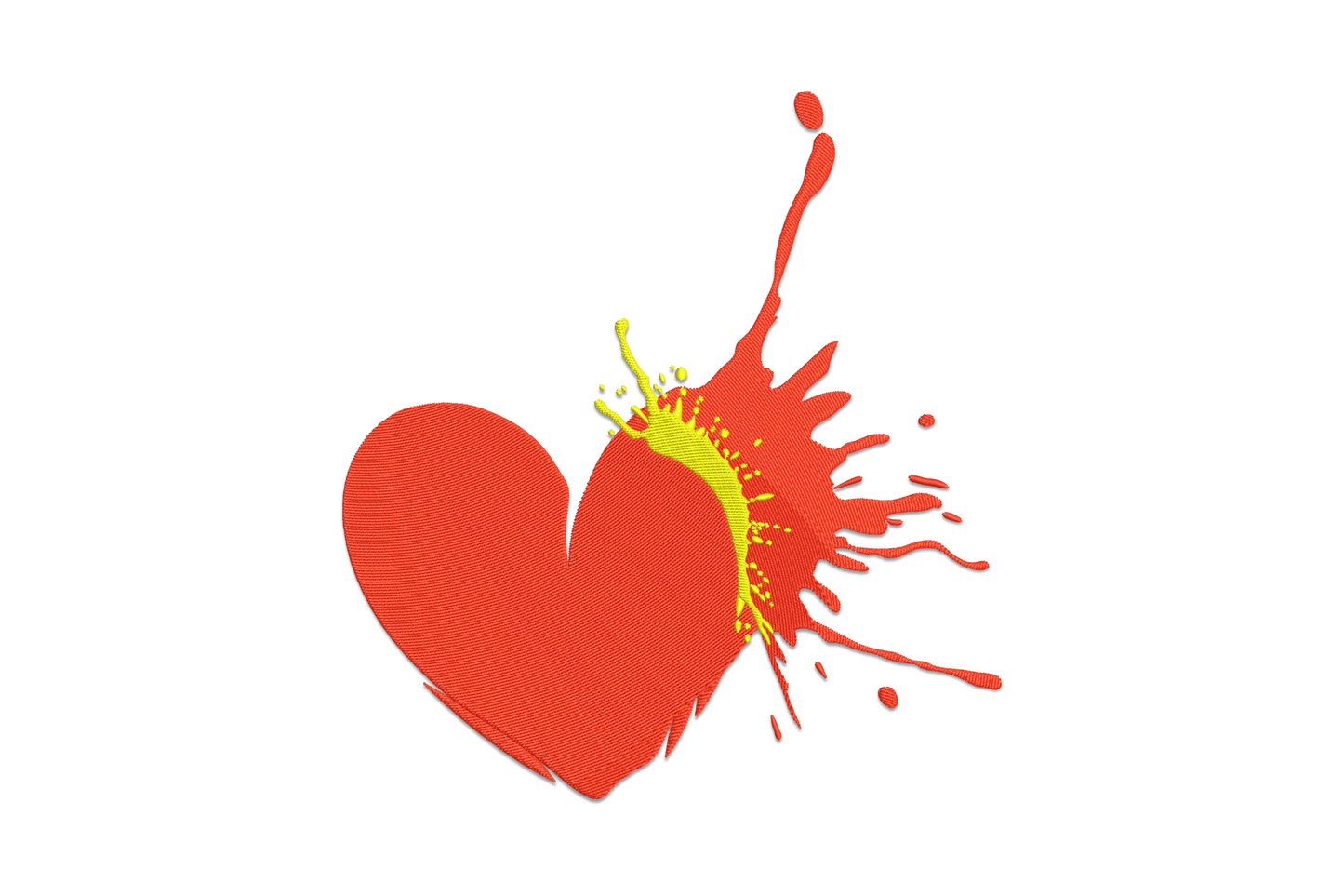 Broken heart paint splash embroidery, tomato red with neon yellow-green splatter from the crack, bold graphic, 7.5 inch.