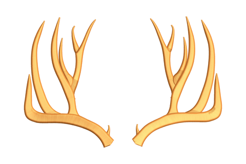 Buck antler silhouette embroidery design, symmetrical deer antler rack in orange thread, no head, clean wildlife patch design for caps and jackets