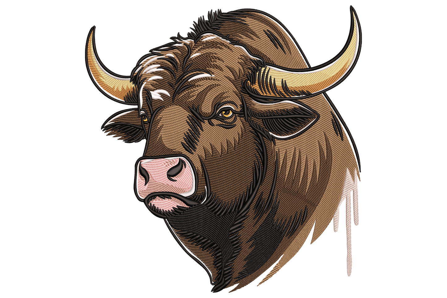 Bull head embroidery design with realistic brown chocolate fur, curved ivory horns, pink nose and intense amber gaze.