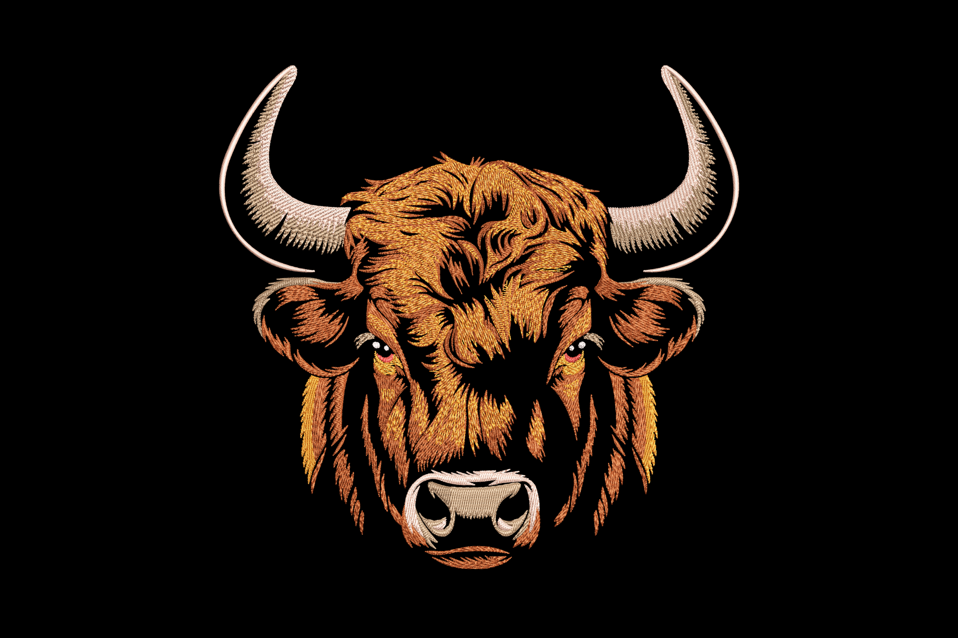 Bull head machine embroidery design showing front-facing longhorn bull with wide swept horns, brown and cream face, dark nostril and eye detail, bold western graphic style.