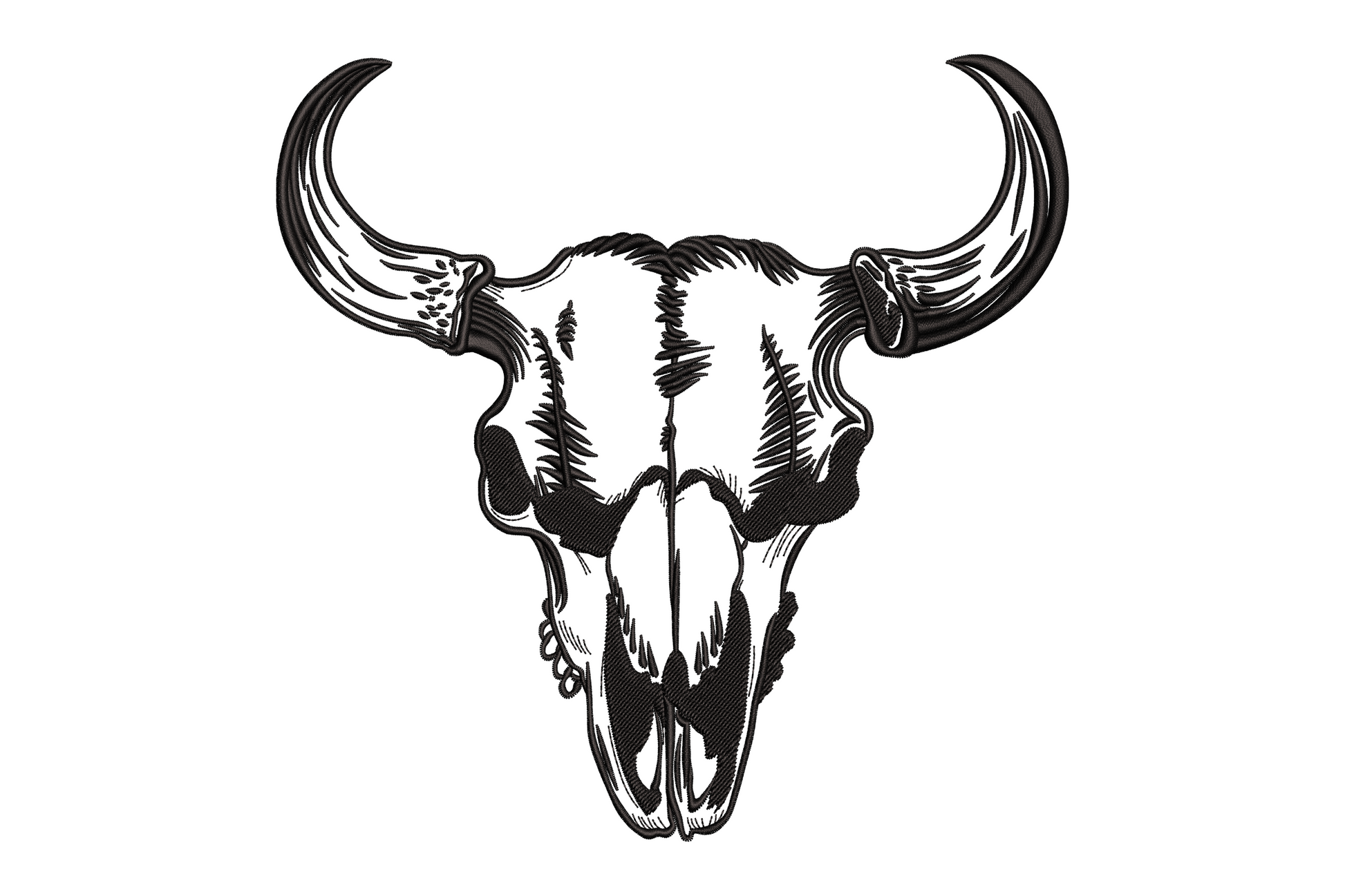 Frontal bull skull with wide sweeping horns single colour bold western graphic, satin fill with open eye sockets, symmetrical square composition