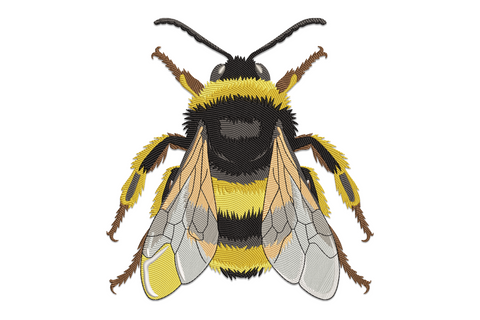 Top-down bumblebee embroidery design with amber yellow banding, fuzzy thorax texture and translucent wings on white background
