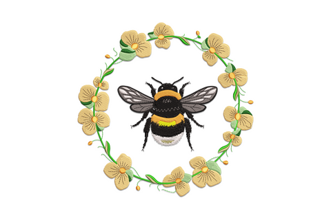 Bumble bee in circular floral wreath machine embroidery, 13 colours, pink roses lavender and green leaves, garden theme