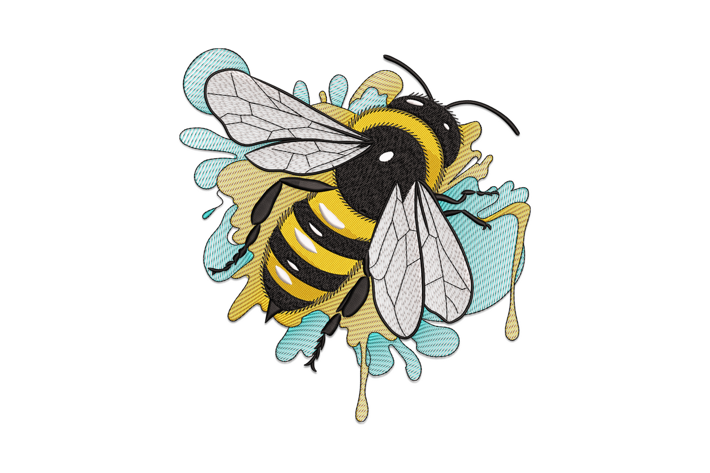 Bumble bee in flight with colour splash background, 4-colour nature machine embroidery, 8 sizes 3.28 to 7.04 inches